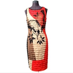 SZ6 FRANK LYMAN Red Beige Black Tiered Stretchy Butterfly Dress Gold